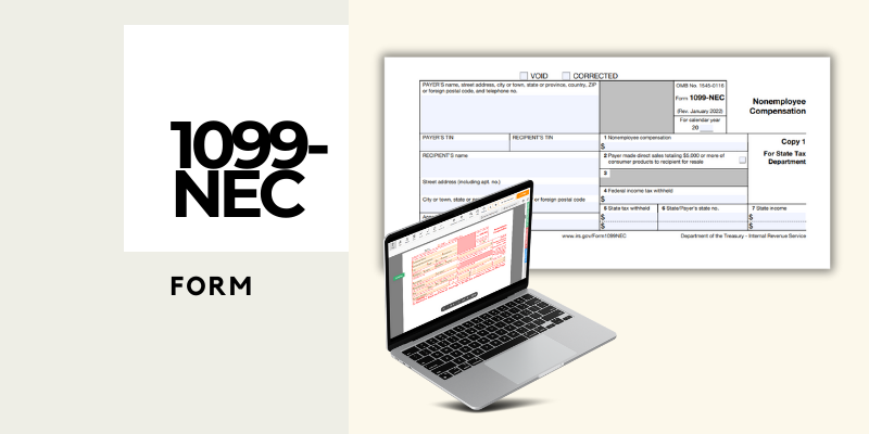 The 1099-NEC online form on the laptop and version for print