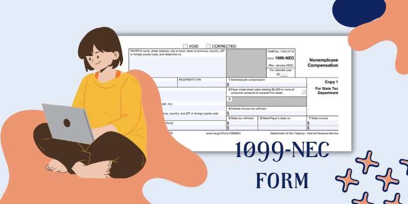 The blank example of the 1099-NEC form and the image of the woman with a laptop